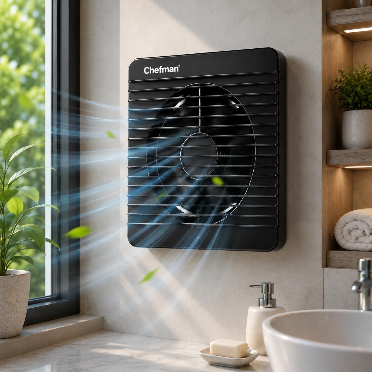 Chefman VENTO Noir 8 Inch Exhaust Fan for Kitchen & Bathroom | High Speed Ventilation Fan with 5.5 Inch Vent | Powerful Air Delivery | Low Noise Operation | Premium ABS Body | Wall Mount | Black-image-20