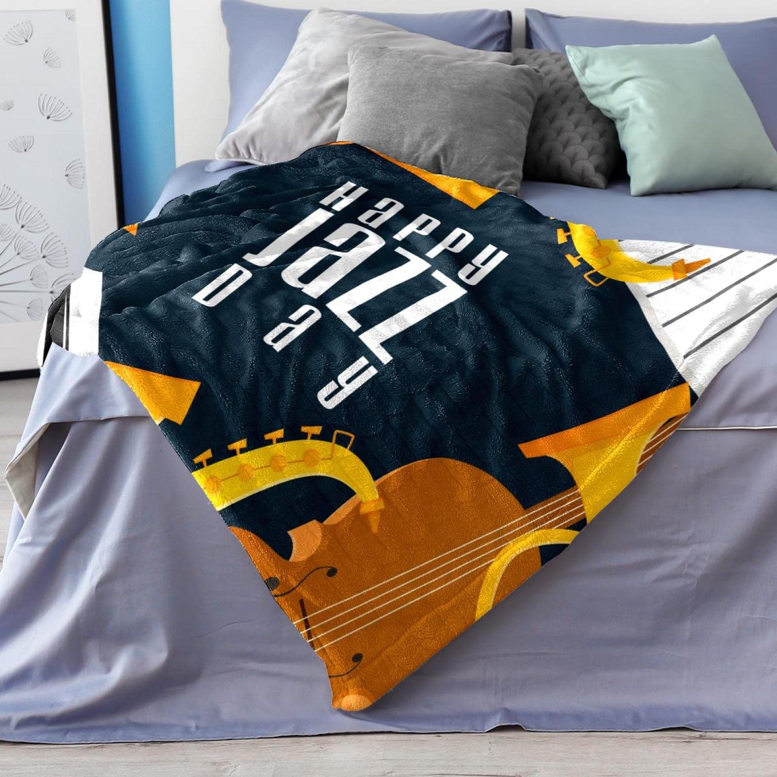 Coperta in pile Happy Jazz Day per sassofono pianoforte violino musica per divano, divano o letto