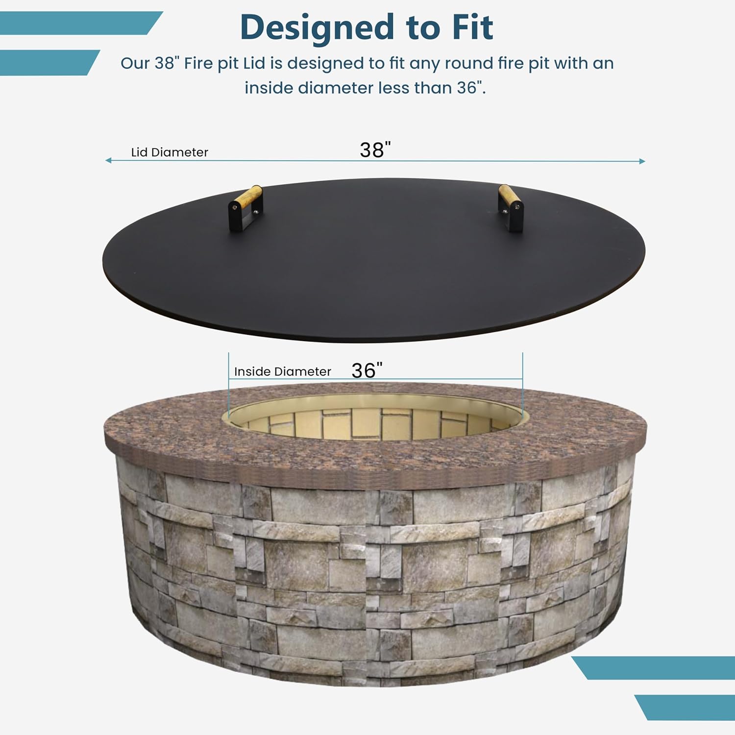 Round Fire Pit Lid - 38 inch fire Pit lid Metal W/Wooden Handles Fit for Bonfire Pits or Propane FirePit Fire Tables, Weather Resistant Outdoor Firepit & Smokeless FirePit Snuffer Lid Cover as Table