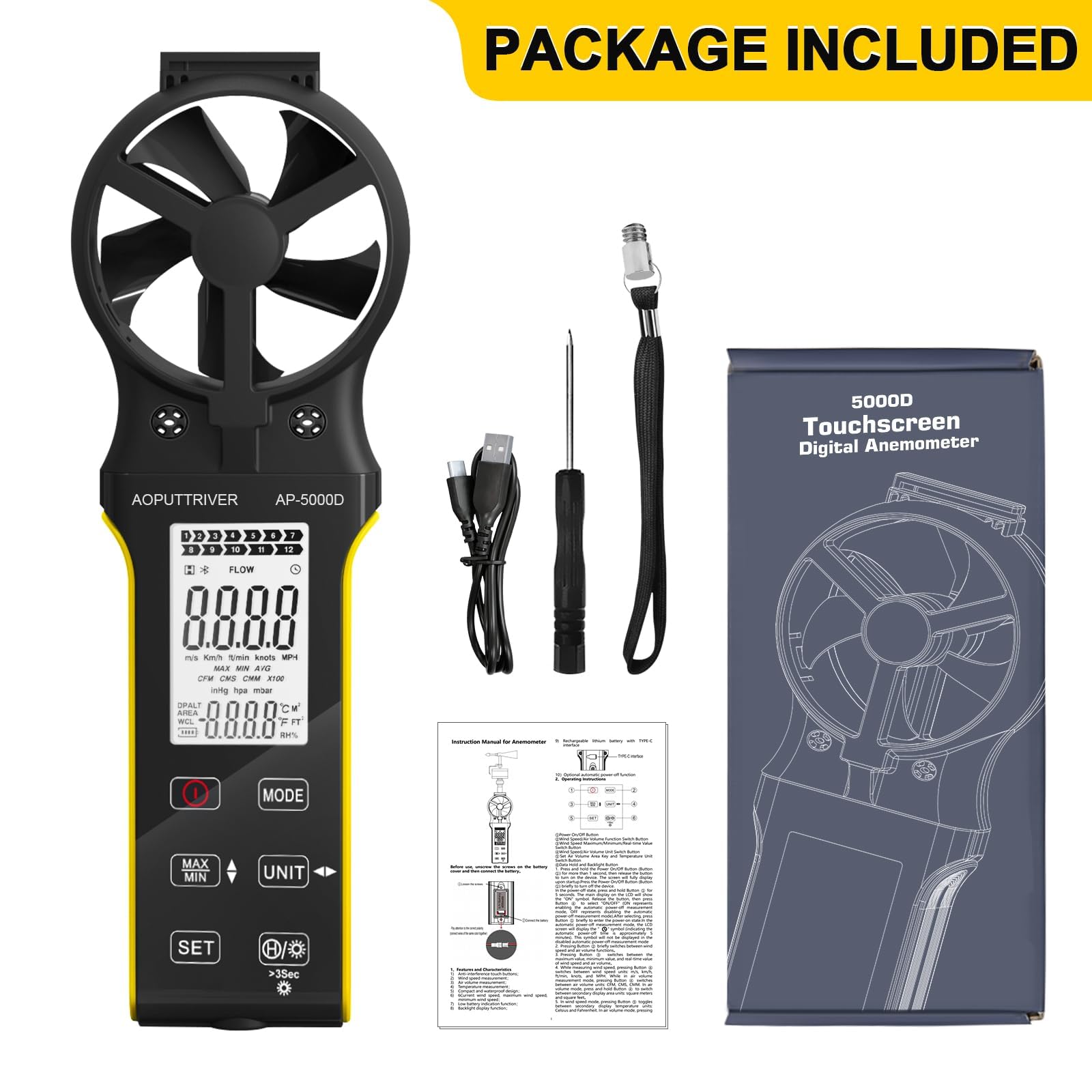 Windmesser CFM Messgerät, Wiederaufladbarer Anemometer mit Touchscreen, Anemometer Handheld Digital Windmessgerät Misst Luftvolumen/Windgeschwindigkeit/Temp mit MAX/MIN für HVAC Drohne