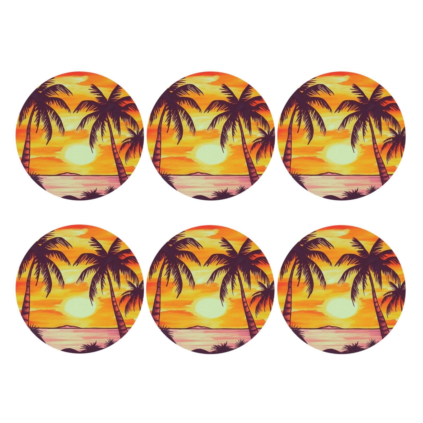 6pcs Leather Coasters for Drinks, Sunset Palm Tree Drink Coasters for Tabletop Protection, 4" Cup Coasters for Coffee Table Decor, Non-Slip Drinking Cup Mat for Hot Or Cold Drink