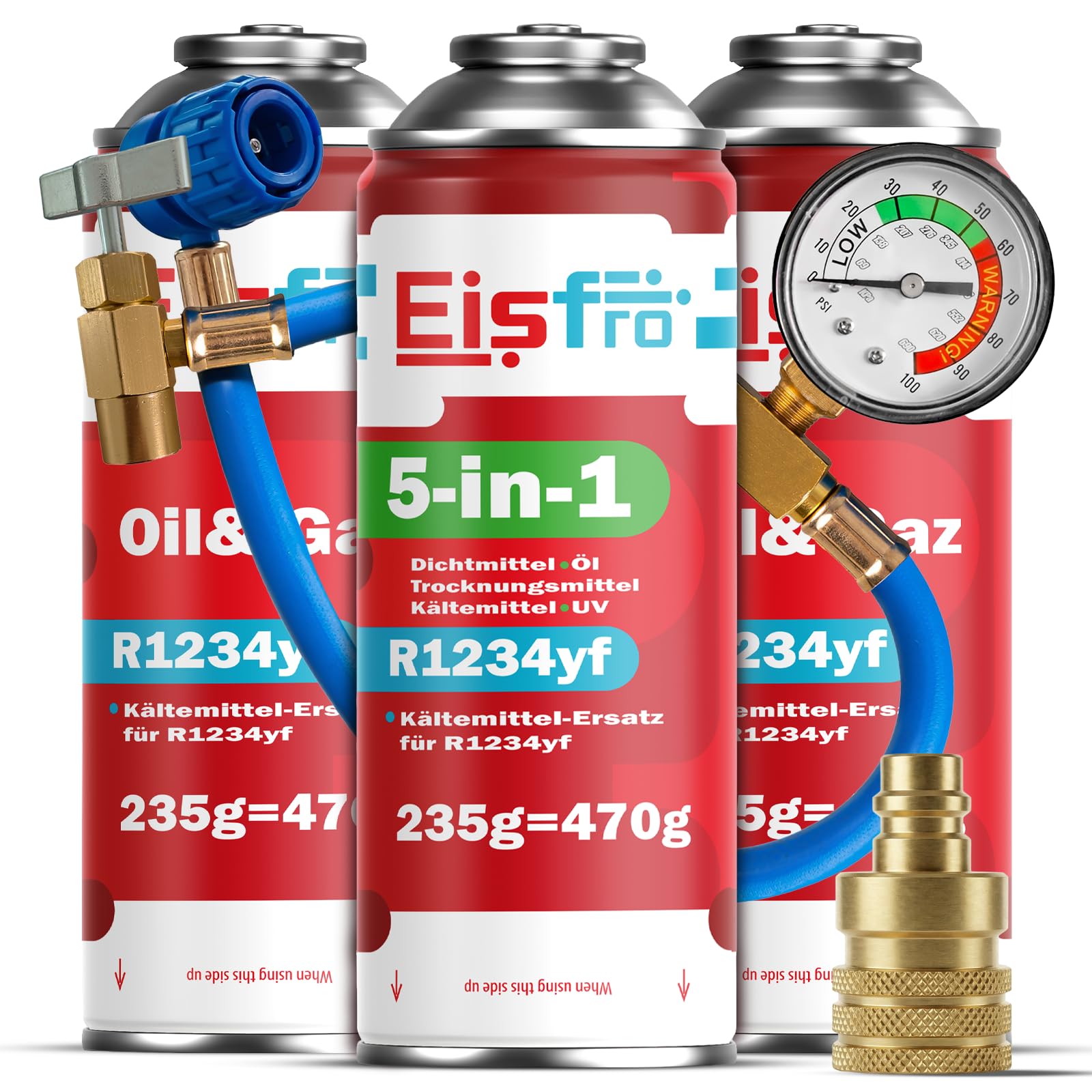 Kit di ricarica climatizzatore R1234yf – Fluido refrigerante 5in1 XL con olio, sigillante, colorante UV e disidratante + 2x gas di ricarica R1234yf con olio 235 g, adattatore e tubo