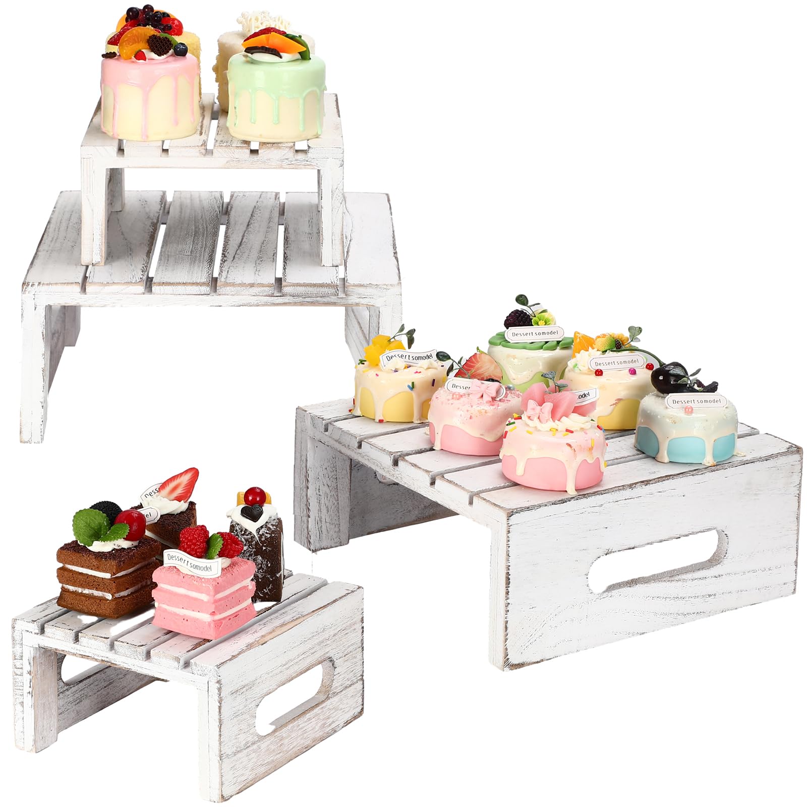 Nitial 4 Pcs Wood Cupcake Display Stand Decorative Dessert Appetizer Cake Stand Rustic Wooden Crate Stand Risers Base Tray for Wedding Birthday Baby Shower Party Decoration(Vintage White)