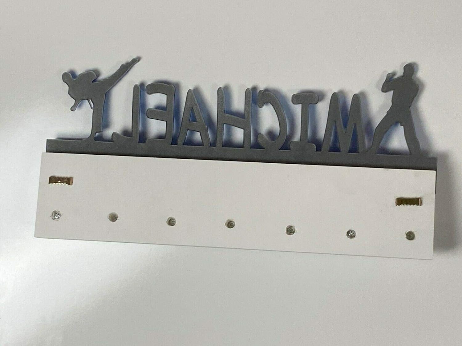 Custom Personalized Name Medal Holder Boy Men Man Male Karate Taekwondo Tae Kwon Do Belt Awards Display Hanger Rack with Hooks 60+ Medals Ribbons Sports 16'' Wide Made To Order With Your Name On It