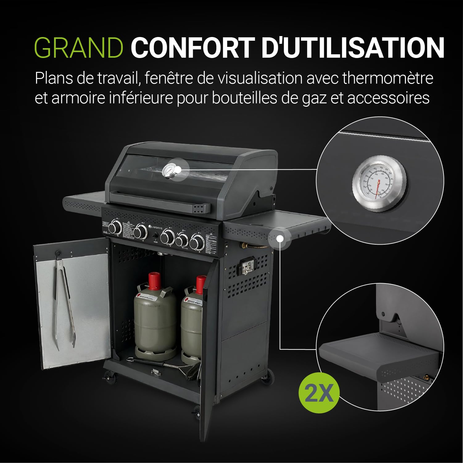 Juskys Barbecue à gaz Savannah - 4 brûleurs et 1 brûleur latéral - XXL en acier avec grille de cuisson en fonte, plaque de cuisson, meuble bas pour bouteille de gaz
