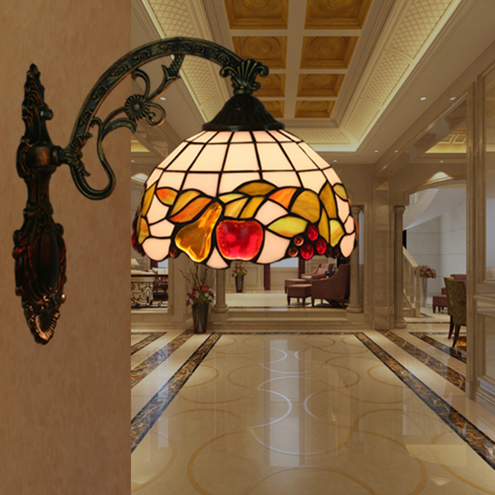 Applique da parete Tiffany, stile frutto, 20 cm, con vetri di mela, pera, uva e fiore, luce crescente o discesa, ideale per camera da letto, soggiorno, hotel e bagno, Down