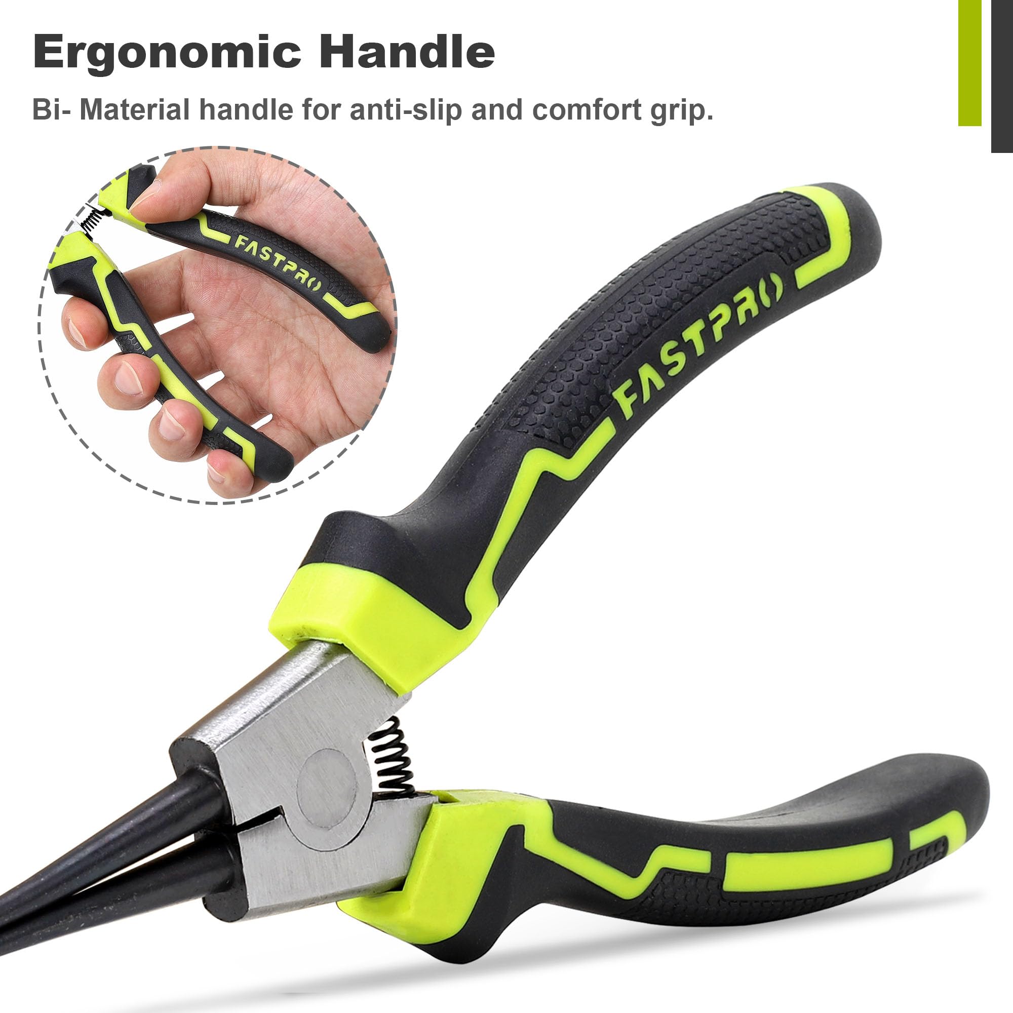FASTPRO Juego de 4 alicates de anillo a presión de 7 pulgadas, kit de alicates internos y externos con mandíbula recta/doblada, resistente para retención de anillos