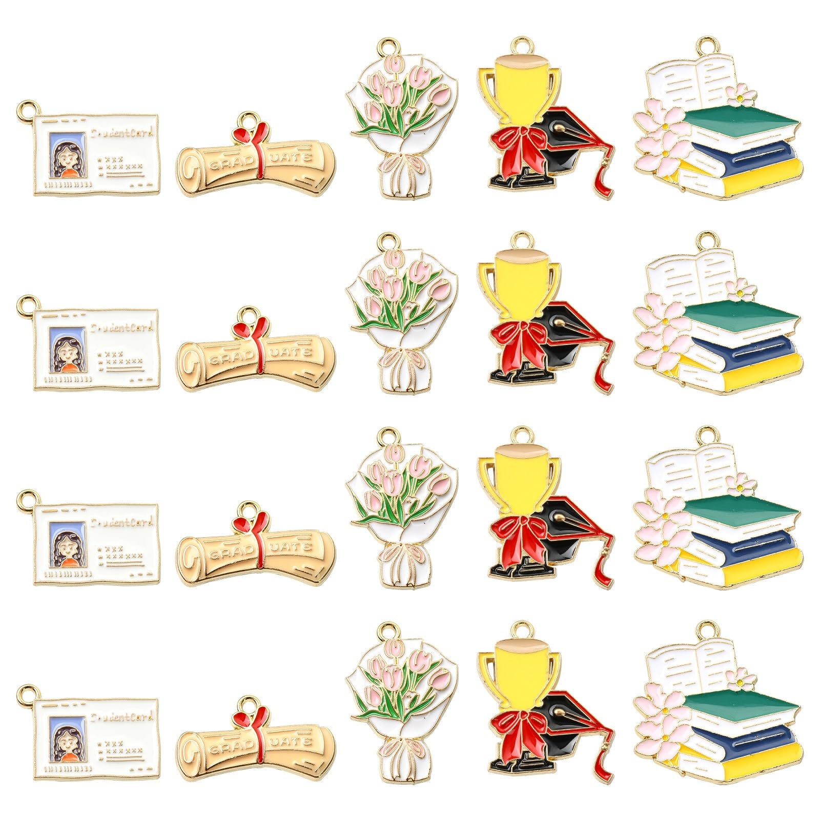 Stiesy 30Pcs 5 Styles Graduation Theme Enamel Charms Graduation Reel Bouquet Trophy Charm Pendant Student Card Book Bracelet Charms for Jewellry Making DIY Crafting Graduation Ceremony Gifts — image 1
