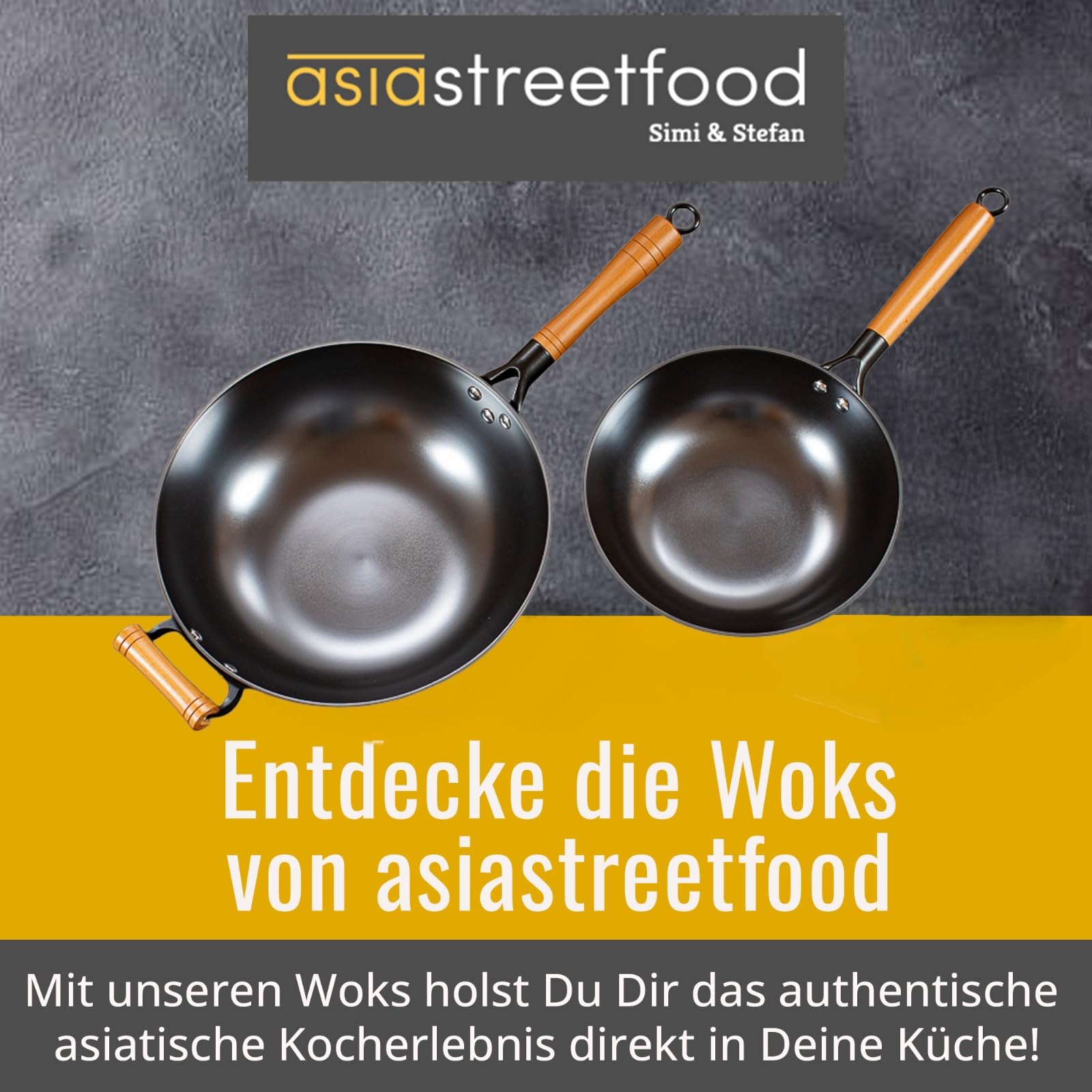 El wok perfecto, diámetro de 26 cm, robusto wok de acero al carbono con base plana, mango de madera, apto para cocinas de gas, inducción y vitrocerámica, sin quemar para platos
