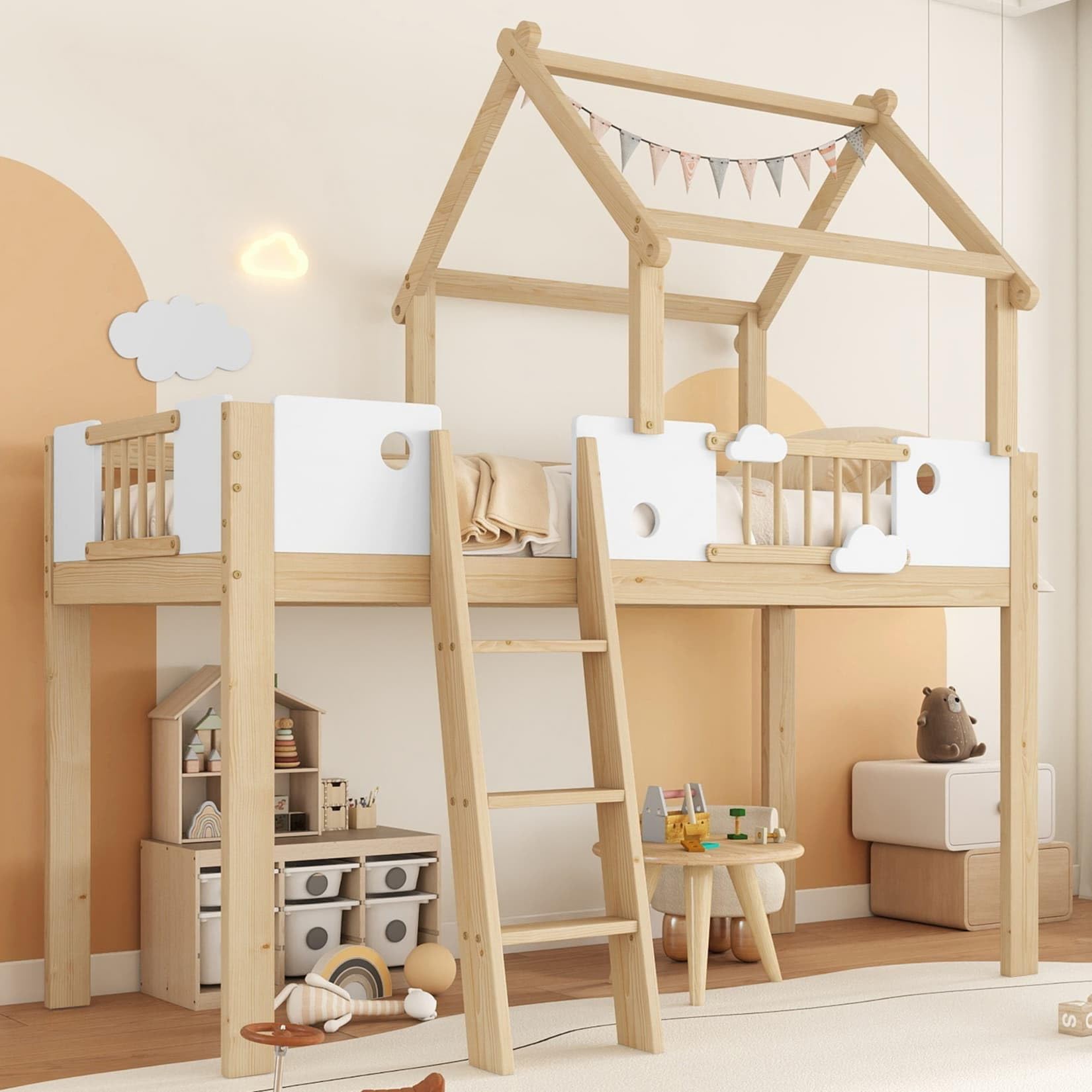 PUGSDRLY Lit Mezzanine Enfant 90x200cm avec Barrières,Lit Cabane Enfant avec échelle et Design Unique du Toit,Mi Hauteur,Cadre en Pin,Blanc+Naturel