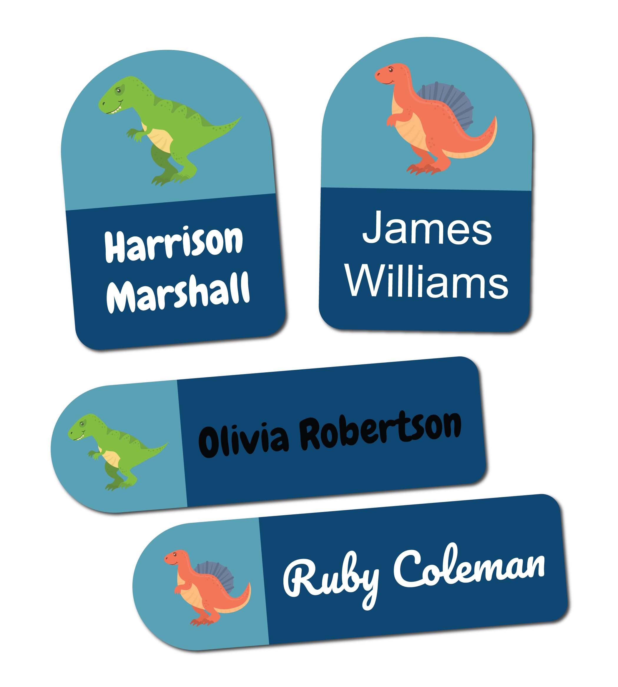 QuoteMyWall 20 Personalised Stick On Clothing Labels Fors Kids School Clothes Nursery Washable Tumble Dryer Safe - Custom Name Sticker Tags for Stationery (Blue (Green & Orange Dinos))