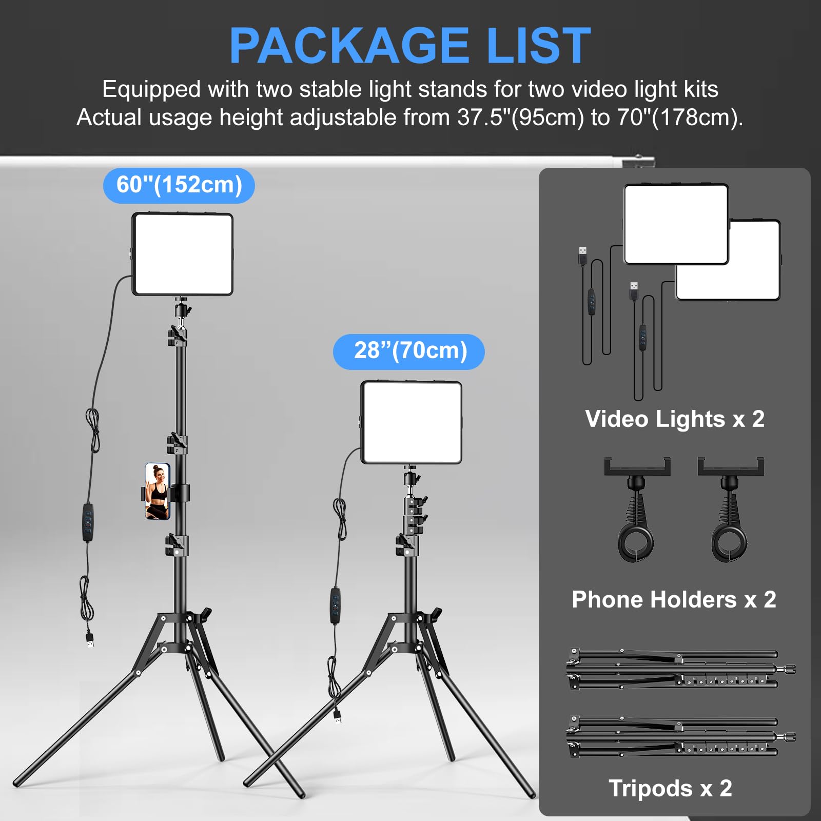 ALTSON Kit de 2 Luces de Video, luz LED de Estudio, 2700-6500 K, Kit de iluminación de fotografía Regulable con Soporte de trípode y Soporte para teléfono, luz de transmisión giratoria de 12 Pulgadas
