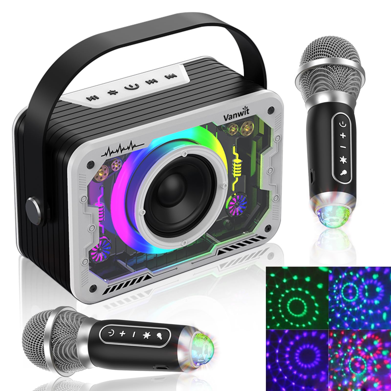 Karaoke Machine With 2 Wireless Mics & Disco Lights - Bluetooth Portable Speaker System