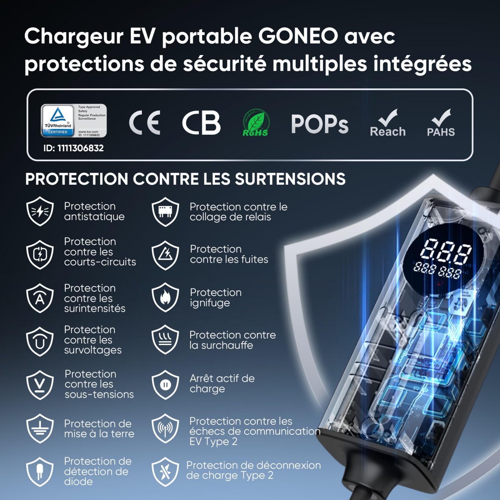 GONEO 8M Cable Recharge Voiture Electrique Type 2 monophasé,Schuko 3,68kW EV Chargeur Portable,Détection de Fuite AC 30mA+DC 6mA & Surveillance Température,Réglage 6A/8A/10A/13A/16A,Minuteur 0-8H