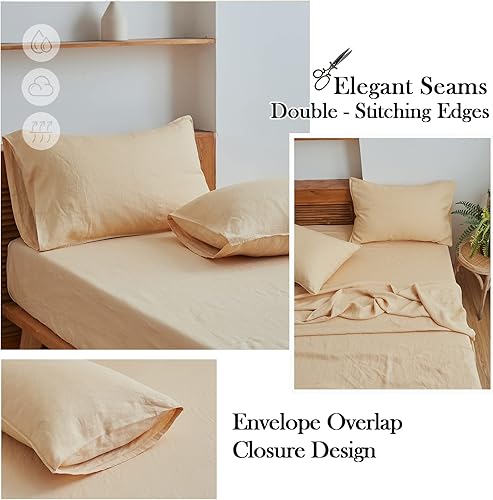 Miniatura 4 de Simple&Opulence Juego de sábanas de lino lavado, estilo básico, 4 piezas (1 sábana encimera y 1 sábana bajera y 2 fundas de almohada), 100% lino
