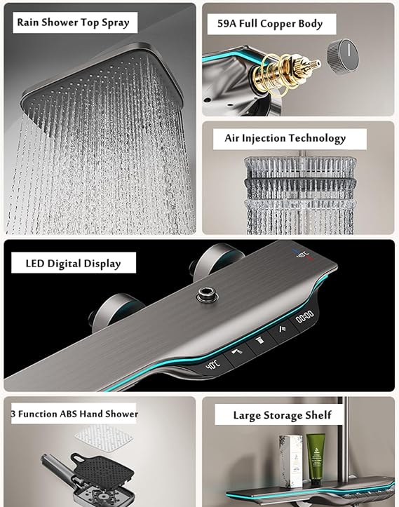 Thermostatic Shower System, Digital Display Shower Faucet Set Shower Mixer Set 3 Function Shower Kit with Valve and Rain Shower Head, Waterfall Bathtub Faucet Wall Mount
