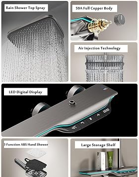 Thermostatic Shower System, Digital Display Shower Faucet Set Shower Mixer Set 3 Function Shower Kit with Valve and Rain Shower Head, Waterfall Bathtub Faucet Wall Mount
