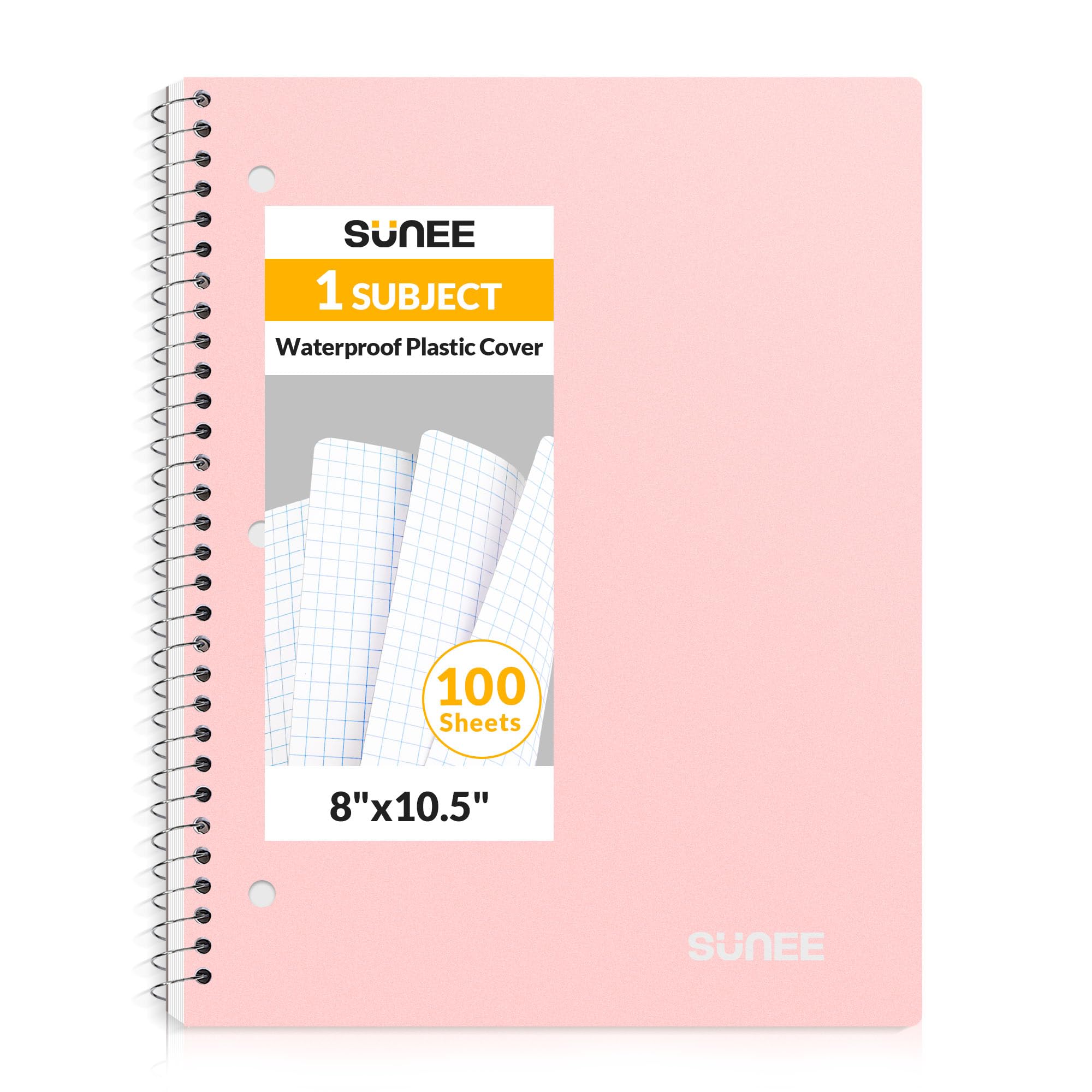 SUNEE Spiral Notebook, 1-Subject, Graph Ruled Paper, 8" x 10-1/2", 100 Sheets per Notebook, 3-Hole Punched Paper, Water Resistant Cover, Spiral Grid Notebooks for Work, Home, School, Writing, Pink