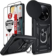 LeYi Cover per Redmi A3 4G con Vetro Temperato, Custodia con Protezione Fotocamera [Slidable] Antiurto con Anello Supporto TPU Bumper Antiurto Case per Redmi A 3, Nero