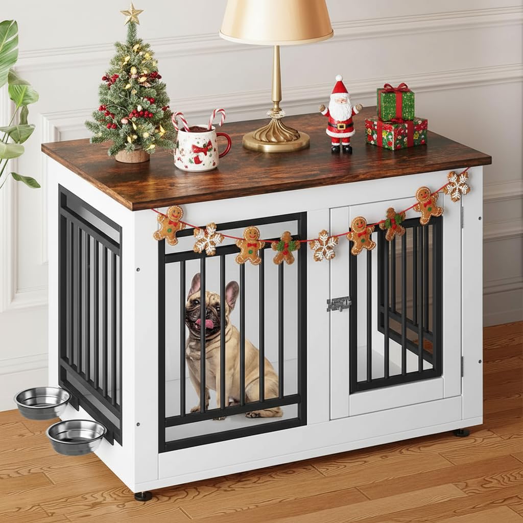 YITAHOME 35" Dog Crate Furniture, Wooden Side End Table with Adjustable Feet and Removable Bowls, Dog Kennel Indoor for Small Medium DogsV