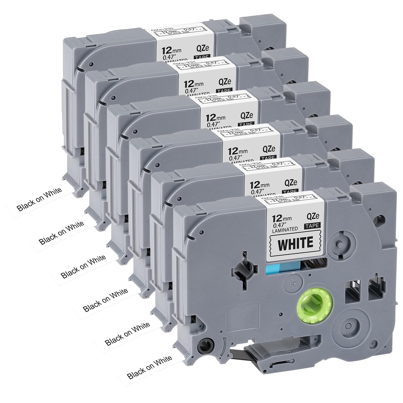 6pack 12mm 0.47'' TZe TZ Tape Laminated White Label Maker Tape Replacement for Brother P Touch Label Tape TZe-231 TZe231 Compatible with Brother