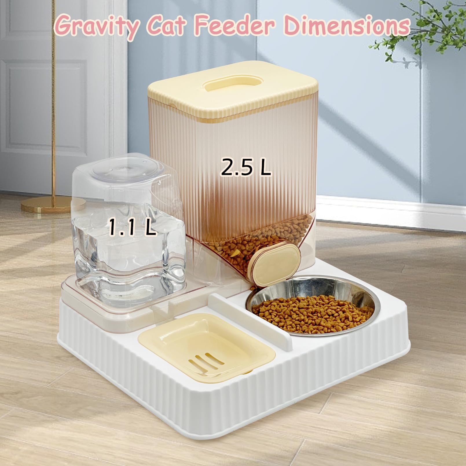 Fhiny Gravity Cat Feeder and Water Dispenser, 2 in 1 Automatic Pet Waterer Detachable Stainless Steel Food Bowls Set Pet Food Storage for Small Dog Puppy Cat Kitten Pet Easy Clean (Grey): Style E Yellow-Metal Bowl