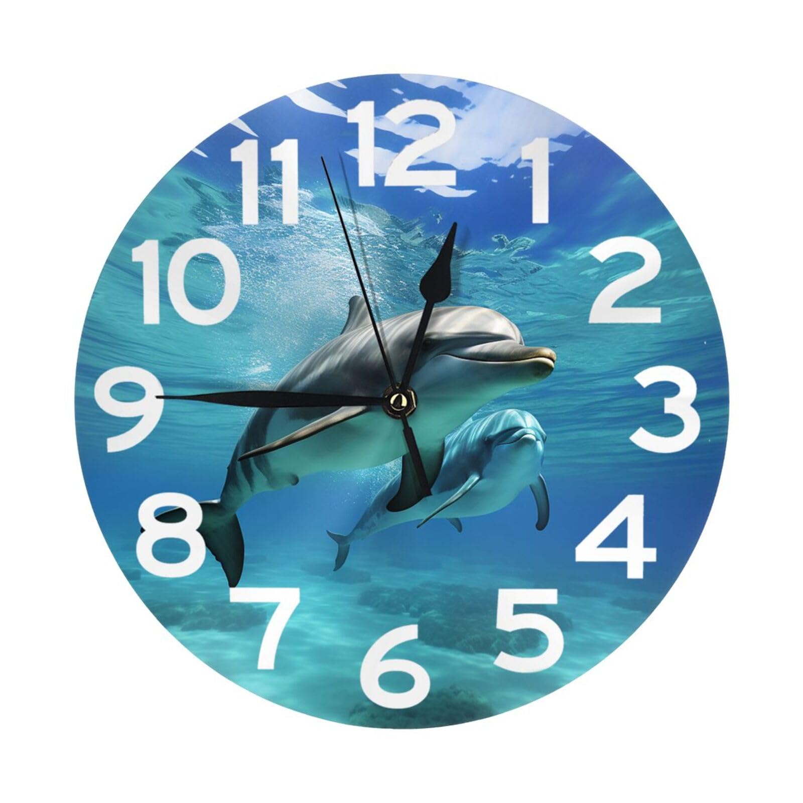 NTVOWPZO 10 Inch Wall Clock Marine Dolphin Battery Operated Wall Clocks Silent Non-Ticking Round Wall Clock for Living Room Kitchen Home Office Wall Decorative Clock