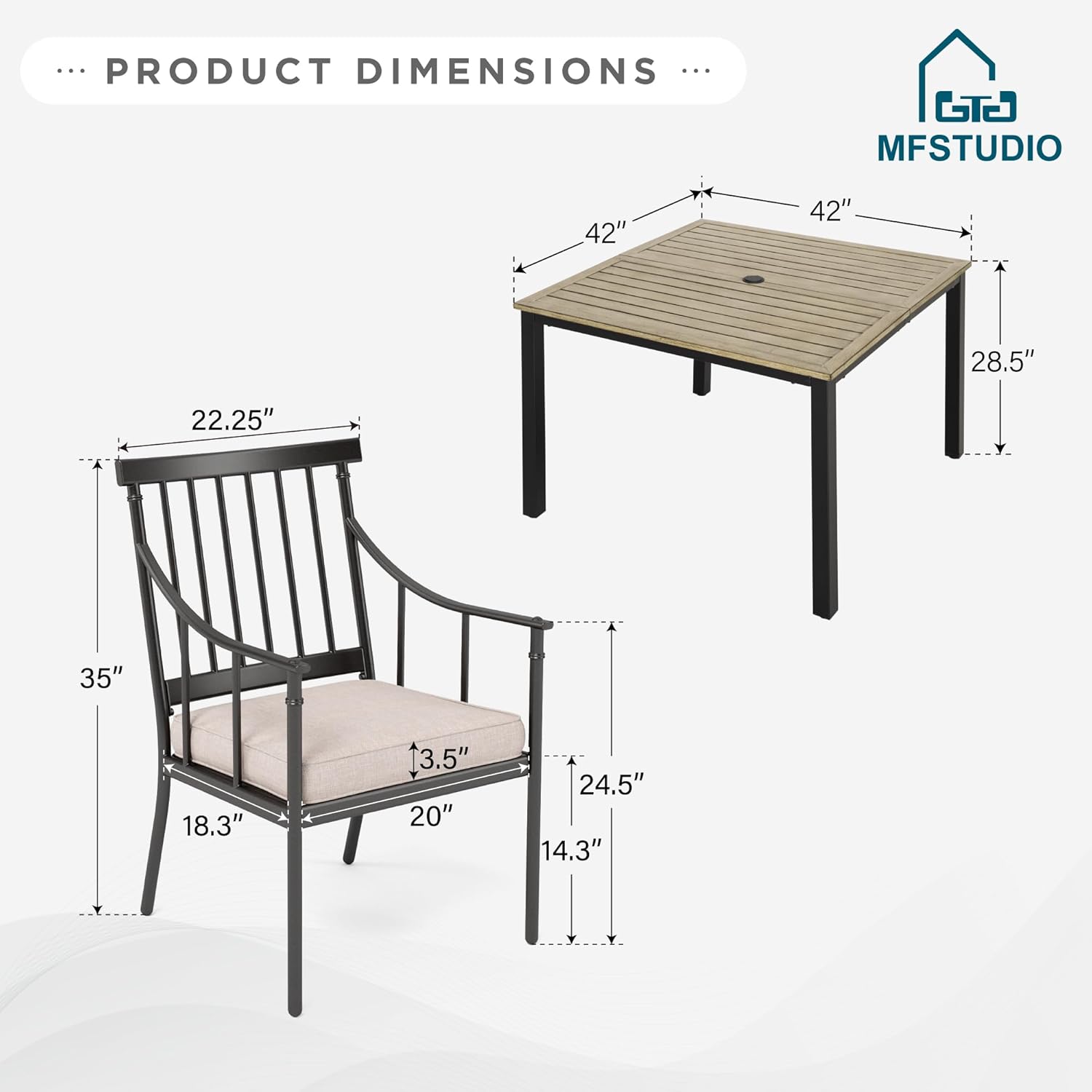Detailed product dimensions for both the 42-inch square patio table and the dining chairs.