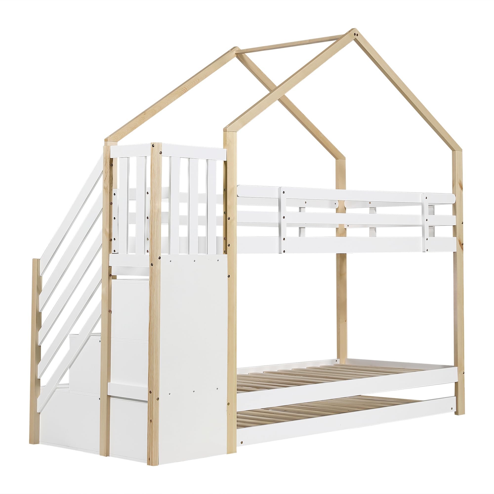 Moimhear litera con casa del árbol extensible, cama corrediza, escalera con 4 cajones, cama infantil con protección contra caídas y reja de cama infantil, con somier, Natural+Blanco (90x200cm