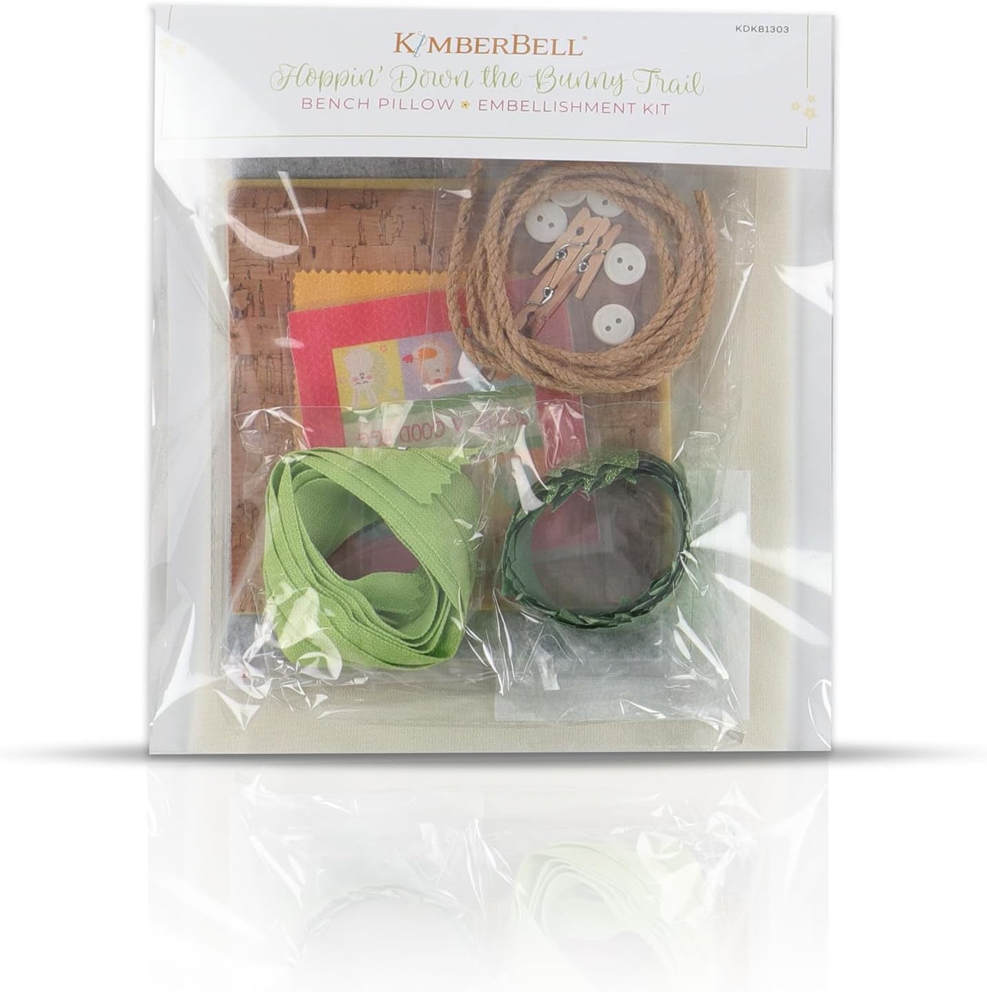 Kimberbell Hoppin’ Down The Bunny Trail Bench Pillow Embellishment Kit – 25 Piece Set for Embroidery, Sewing & Crafting – Includes Buttons, Felt, Glitter Grass & So Much More!