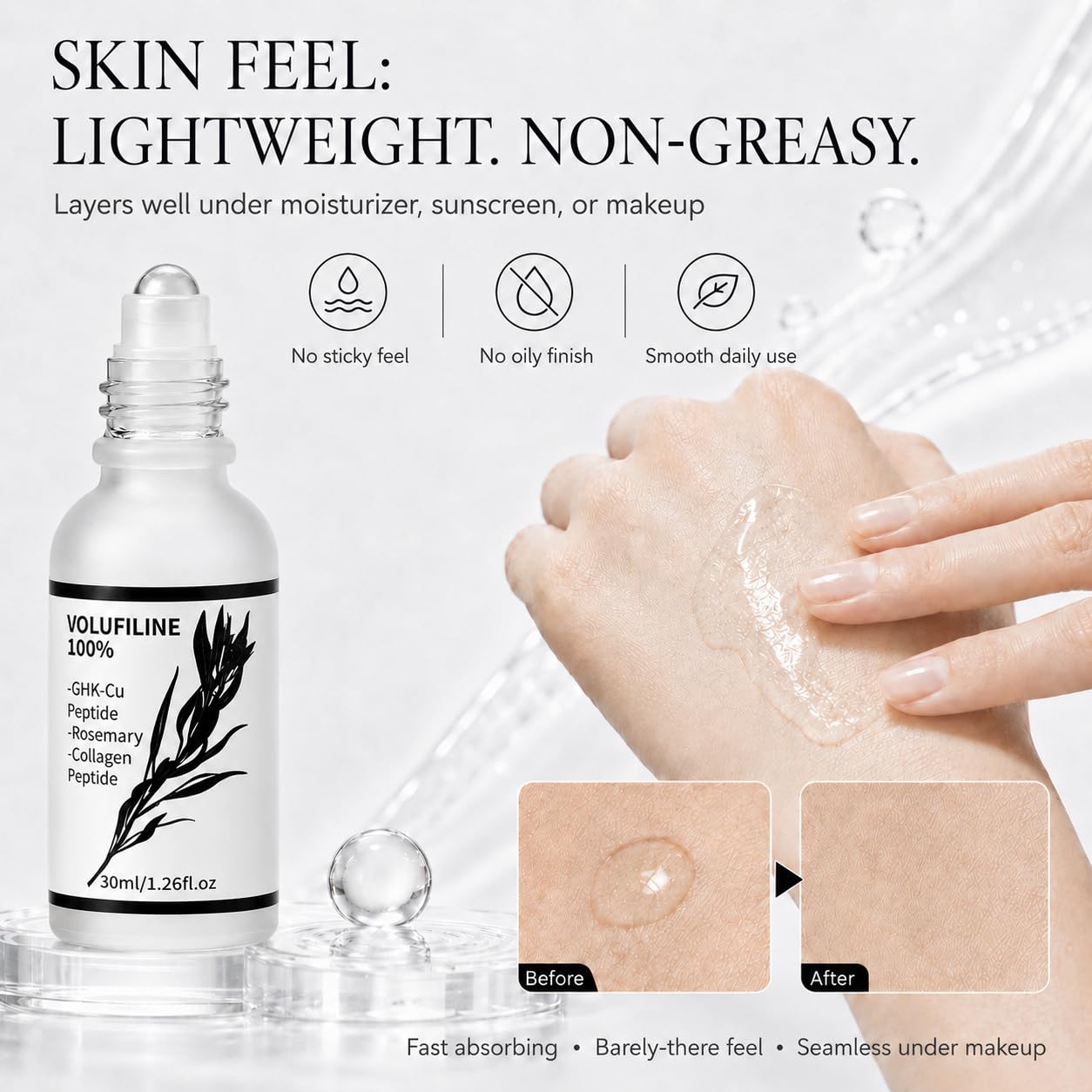 Volufiline Serum with GHK-Cu Copper Peptide for Face & Eye, 30ml Roll-on Facial Serum Hydrating Skincare for Mature Skin, Lightweight for Smooth, Firm, Plump Looking, Day & Night, Home or SPA