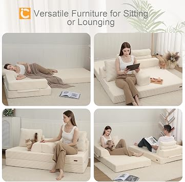MeMoreCool Convertible Sofa Bed, Corduroy Folding Boneless Couch, Beige