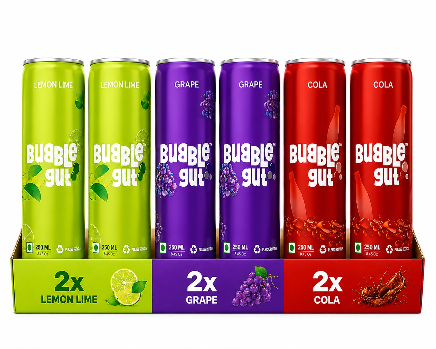 Bubble Gut Mixed Sparkling Soda Drink, Lemon Lime, Grape and Cola Flavours, 250 ml, Pack of 6-image-44