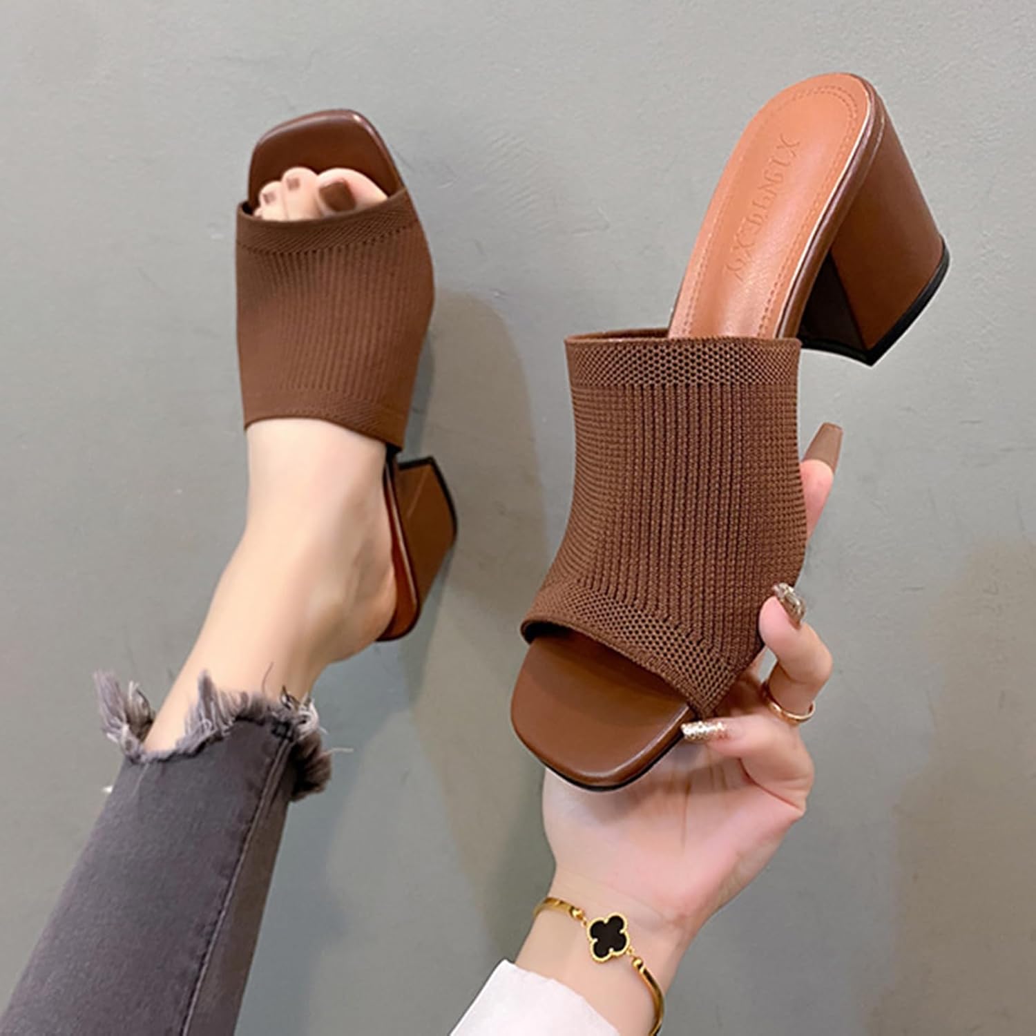 Women's Knit Peep Toe Chunky Heeled Sandals Fashion Square Open Toe Slip On Block Heel Mules Summer Casual Breathable Slides Sandal - Image 7