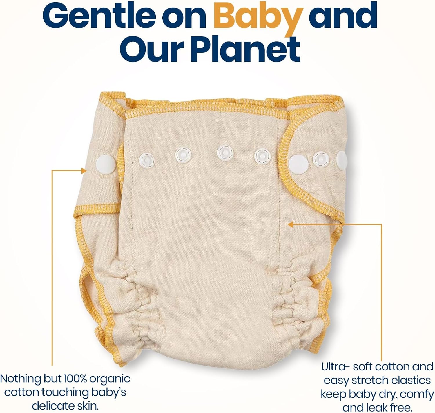 Linteum Textile Fitted Cloth Diapers with Snap Closures – 100% Cotton, Adjustable Snaps, Removable Inserts – Reusable & Washable Baby Diapers for Toddlers – Natural/Beige – 3 Pack (Medium 14-23 lbs)