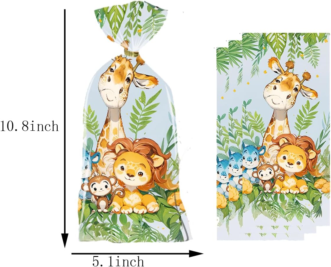 50PCS Safari Cellophane Treat Bags - Cute Jungle Animals Party Favor - Zoo Animals Print Gift Bags for Baby Shower, Wedding, Birthday - Jungle Themed Party Supplies