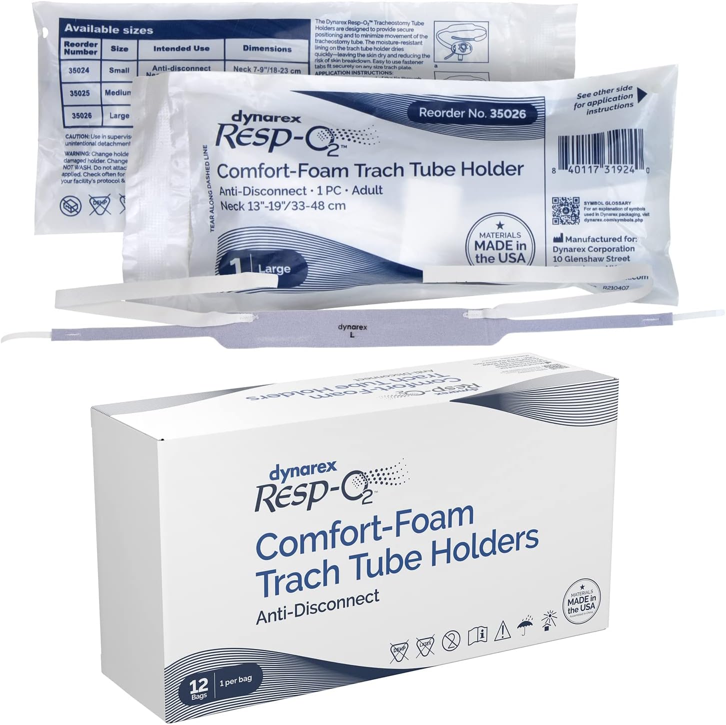 Dynarex Comfort-Foam Tracheostomy Tube Holder - with Soft Foam Tube Padding & Secure Hook & Loop Closure, Supports & Stabilizes Airflow - Tracheostomy Supplies - Anti Disconnect, Box of 12 (Large)