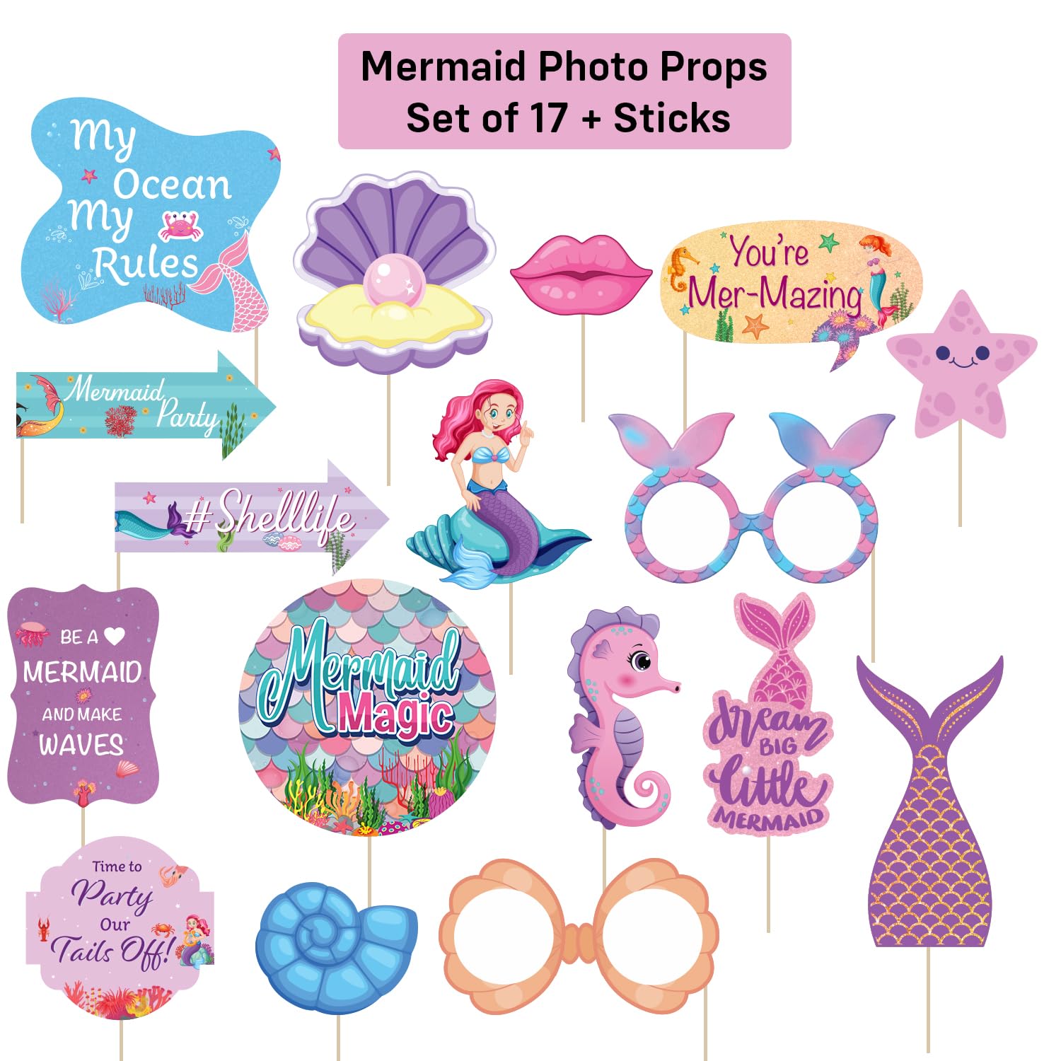 Party Propz Mermaid Theme Birthday Decoration Props -17 Pcs, Mermaid Theme Photo Booth Props, Party Props for Birthday, Photobooth Cutouts for Girls,Cake Toppers (Cardstock)