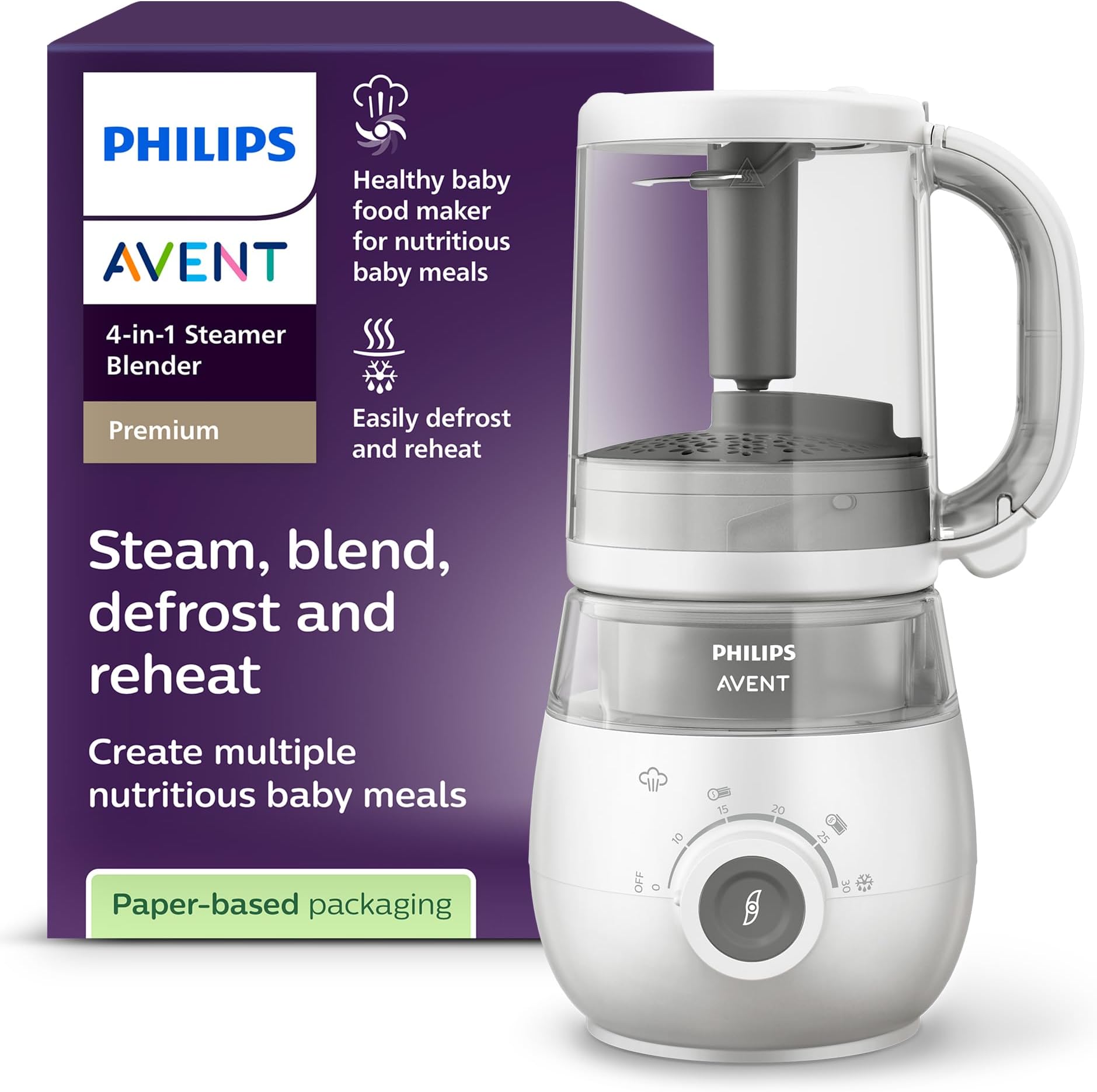 Avent 4-in-1 Healthy Baby Food Maker, For Every Weaning Stage - Steam, Blend, Defrost and Reheat - SCF883/02, White
