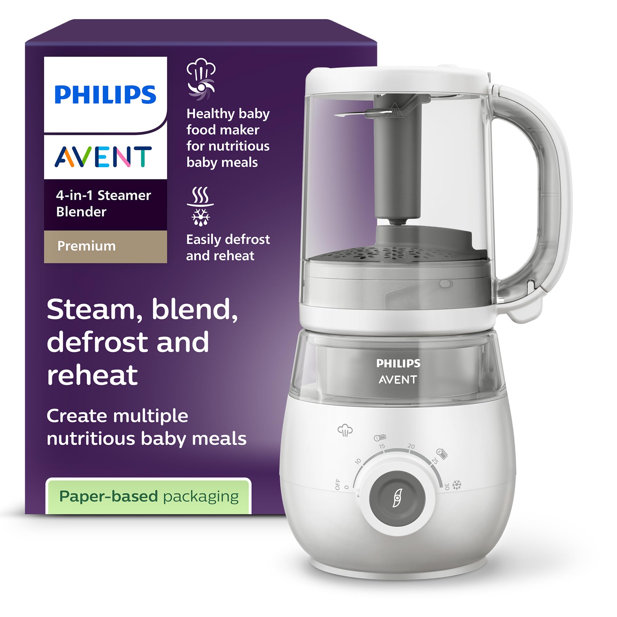 Philips Avent SCF883/01 EasyPappa Plus 4 in 1 Cuocipappa Multifunzione, Cuoci a Vapore, Frulla, Scongela e Riscalda in un Recipiente, 1 litro, Bianco/Grigio
