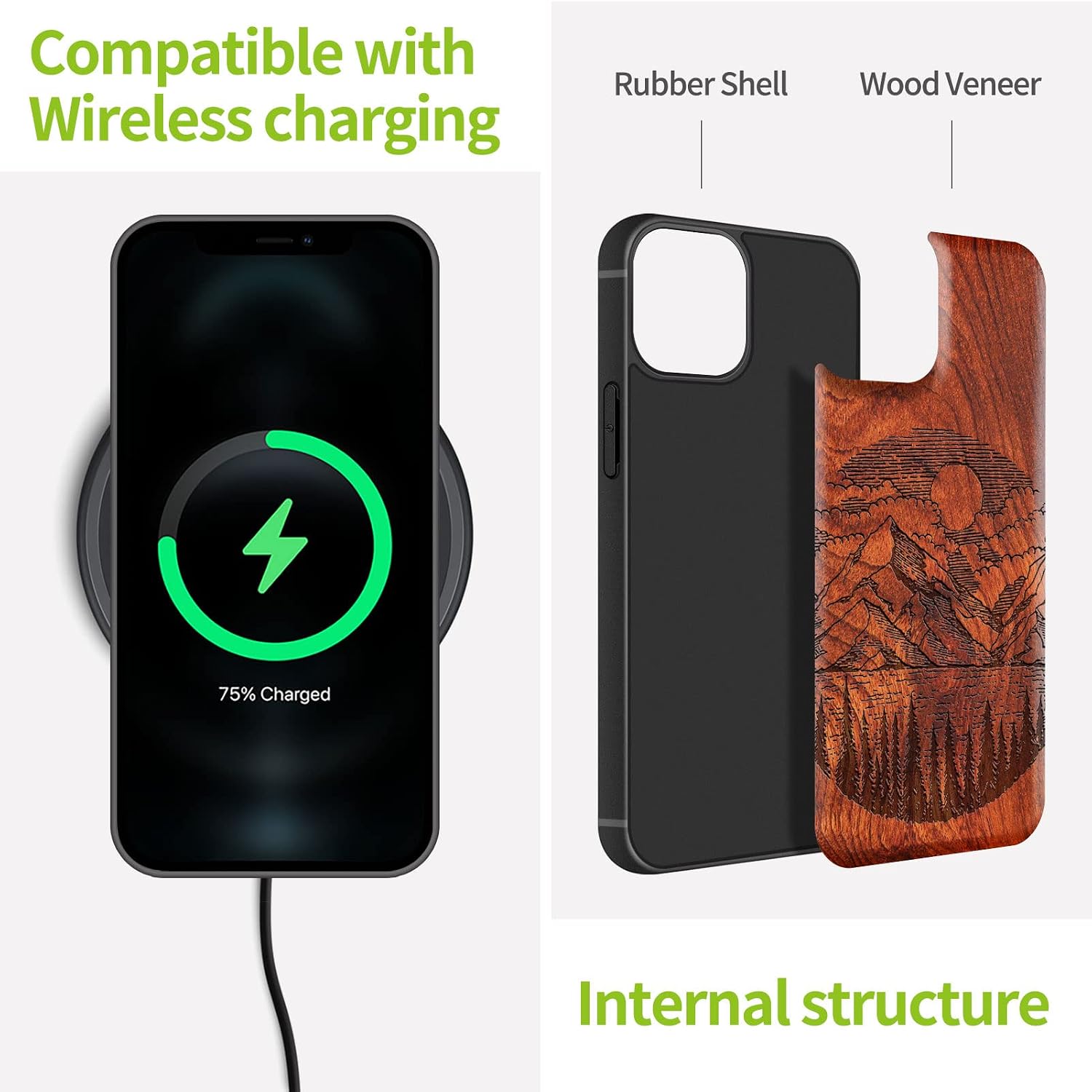 Carveit Magnetic Wood Case for iPhone 13 Pro Case [Natural Wood & Black Soft TPU] Unique & Classy Wooden Shockproof Protective Cover Compatible with MagSafe (Alpine Lake Carving -Rosy)