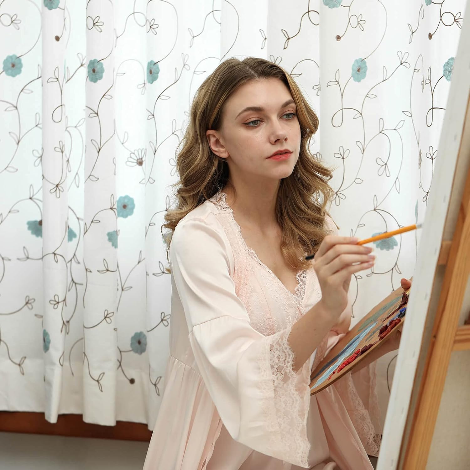 VOGOL 2 Panels Grommet Curtains Simple Style Embroidered Elegant Window Drapes for Living Room Bedroom, 52x84, Blue Floral in White