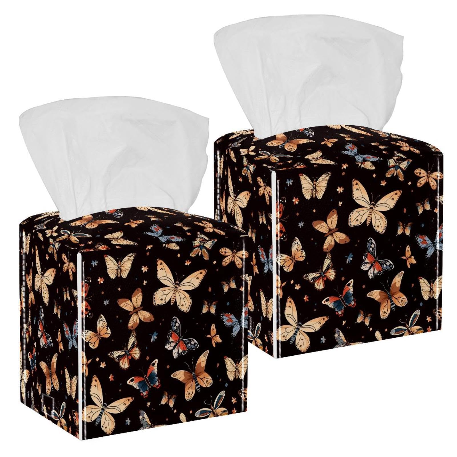 Aesthetic Butterfly Tissue Box Cover, 2 Pack PU Leather Square Facial Tissue Dispenser Box holder for Home Office Car
