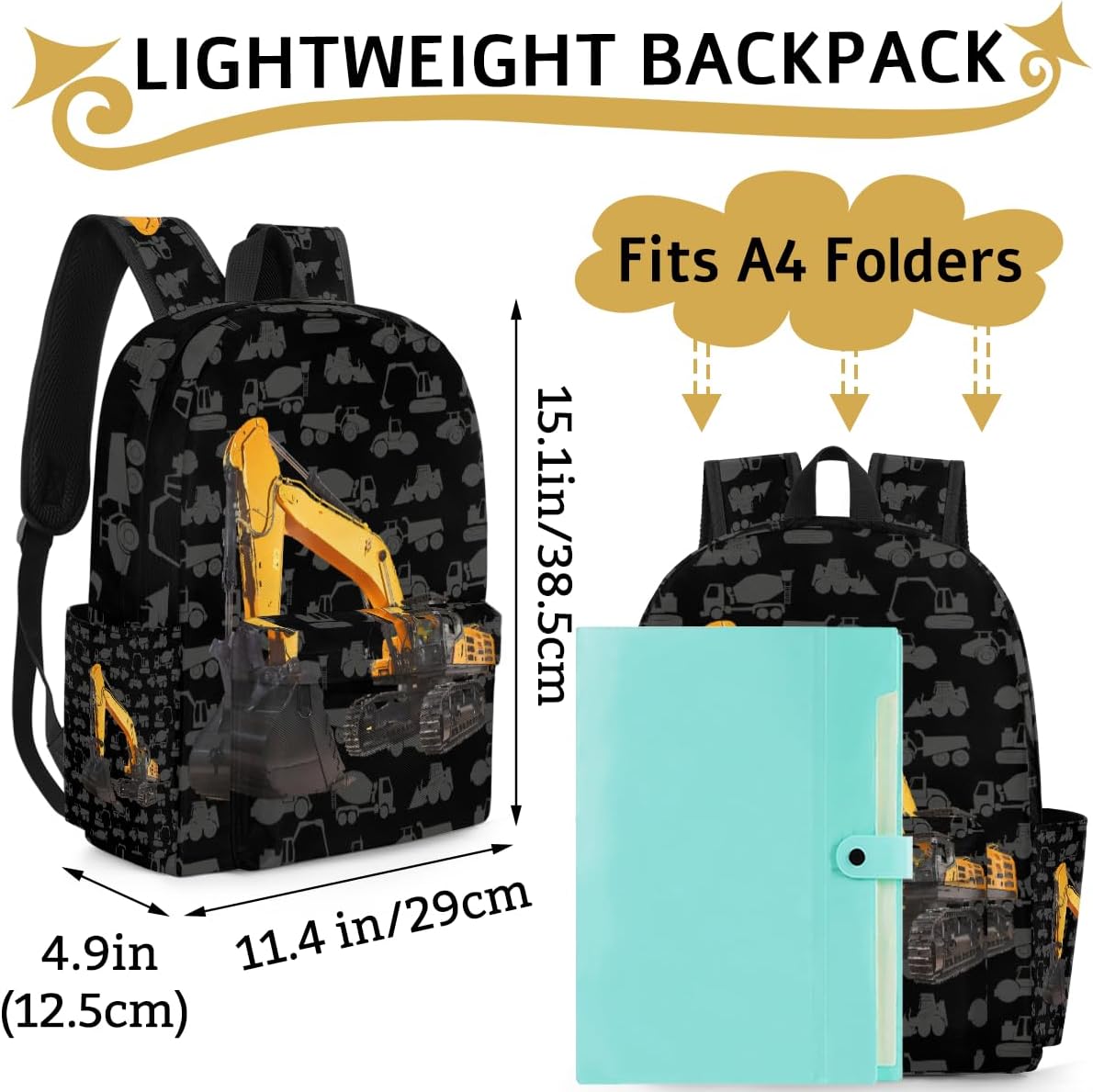 Excavator Truck Kids Backpack for Boys Girls Cool Car Preschool Toddler Backpack Kindergarten Nursery Bookbag Travel Children Lightweight School Bag - Image 5