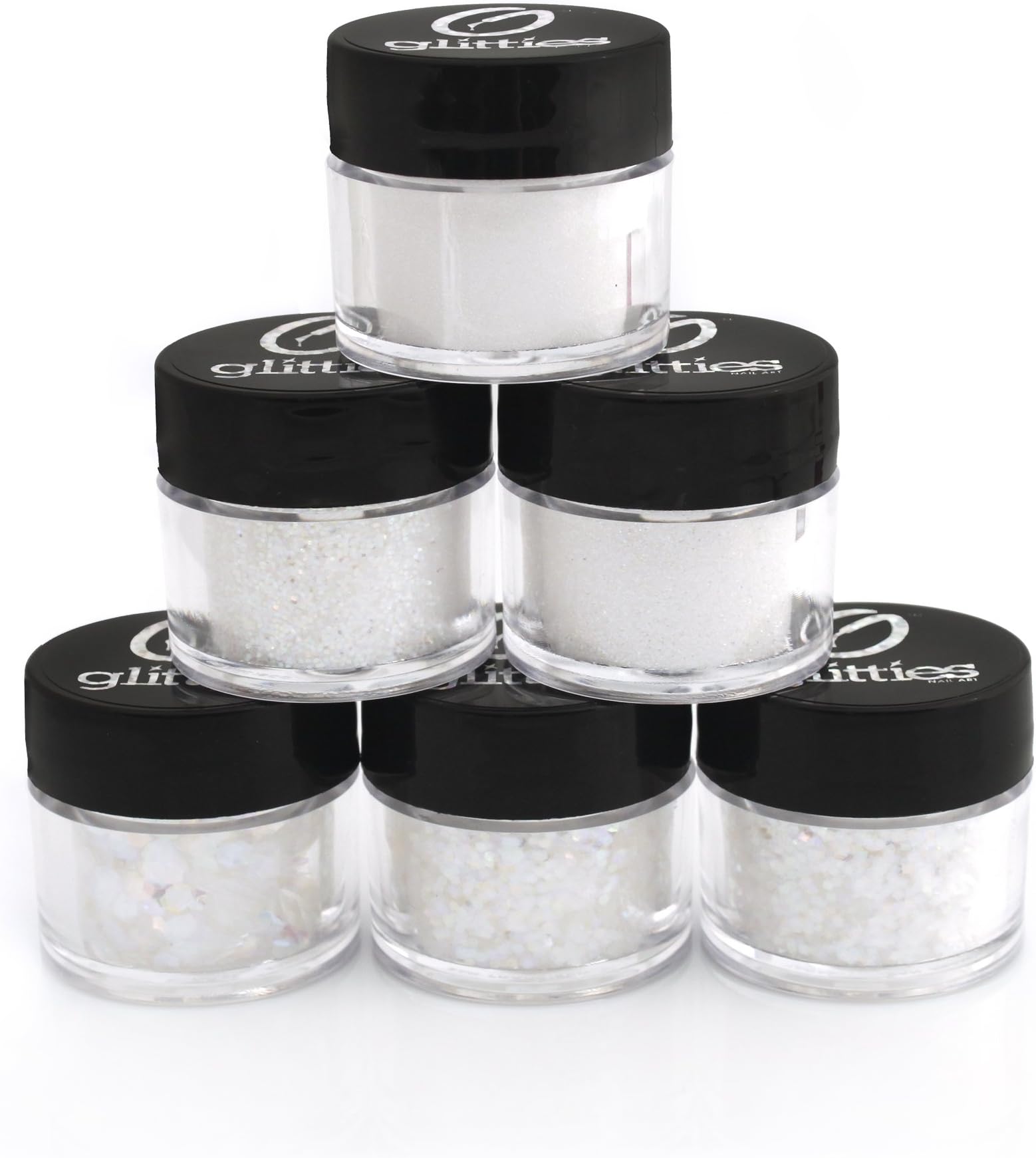 (6PK) - Iridescent White Glitter Kit -6 Different Holographic Loose Glitter Sizes, Fine Powder, Hexagons & Square Glitter - Solvent Resistant & Cosmetic Grade for Nails & Skin - (60 Grams)