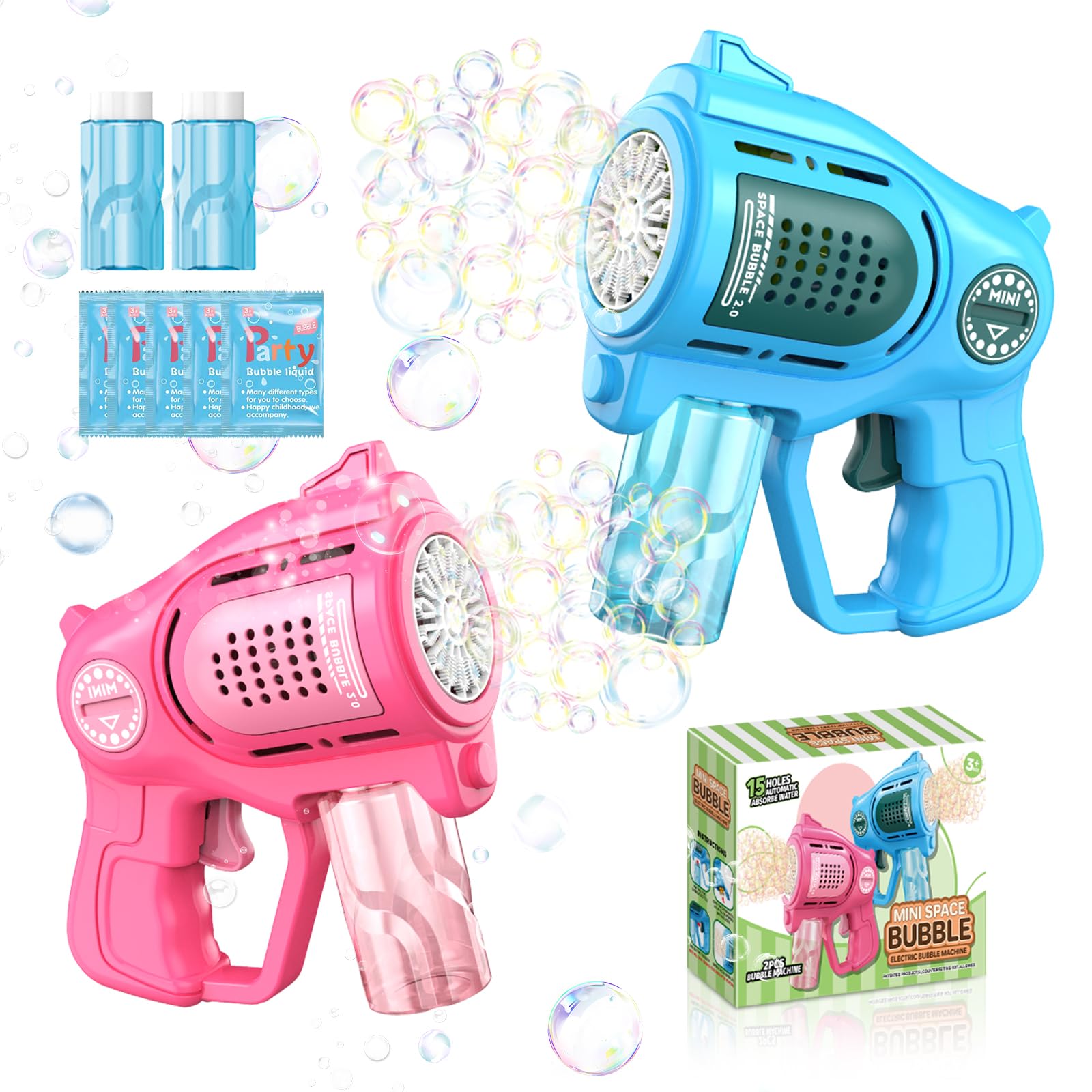 2 Seifenblasenpistole für Kinder, 15-Löcher Automatische Seifenblasenmaschine mit 2 Seifenblasen Nachfüll-Lösung,Seifenblasen Pistole für Hochzeit Party Sommer Outdoor-Aktivität Geburtstagsgeschenk