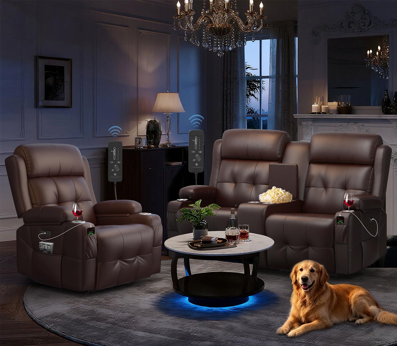 RV Loveseat Recliner Sofa Set, Home Theater Seating with Console &amp; Massage