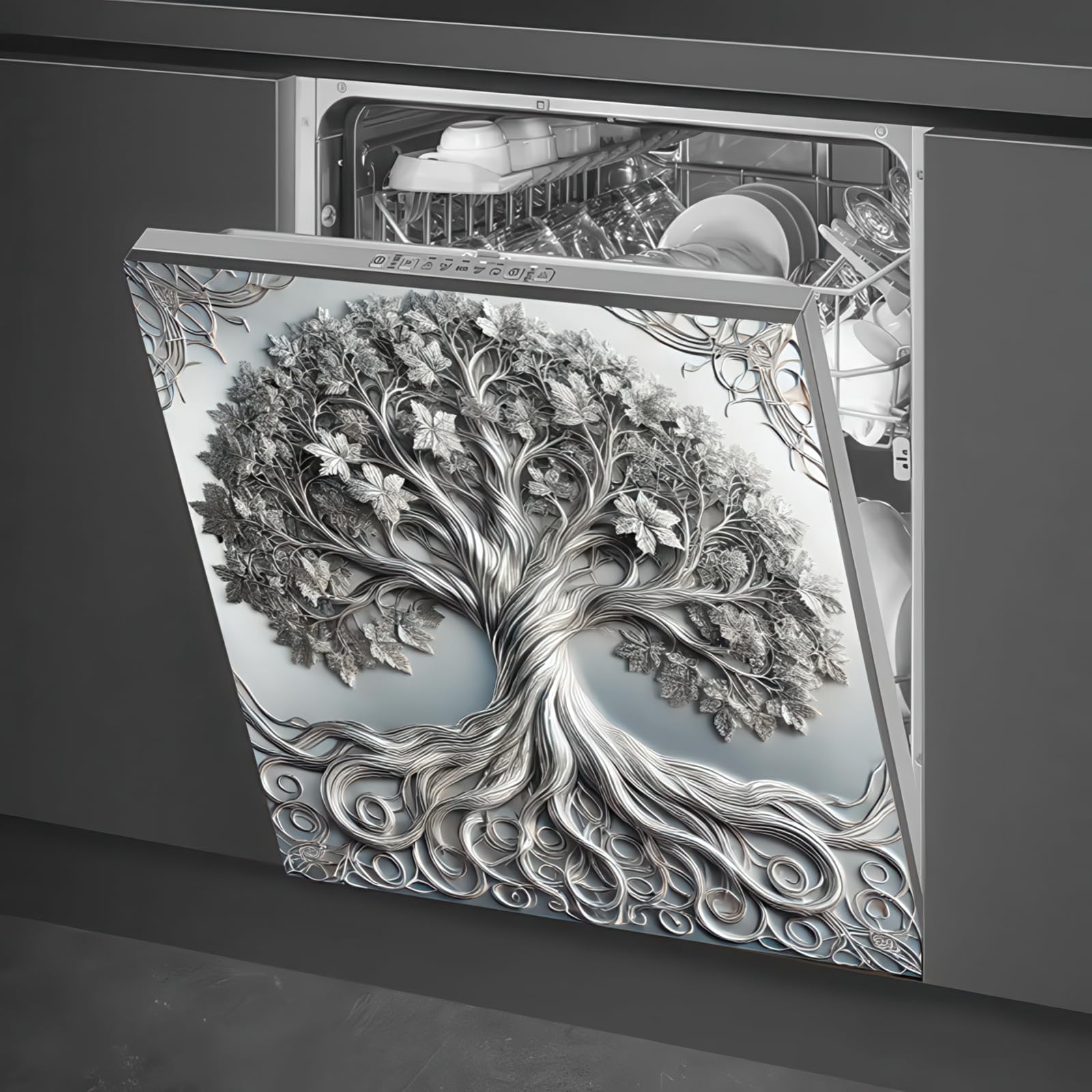 Aimant 3D argenté BlissYard arbre de vie pour lave-vaisselle et frigo 58,4x66 cm