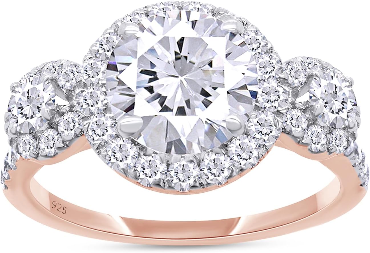 SAVEARTH DIAMONDS Three Stone Design, 2 1/4 CTTW 7.5MM Center Round Cut Lab Created Moissanite Diamond Halo Engagement Ring In 14K Gold Over Sterling Silver (VVS1 Clarity, 2.25 Cttw)