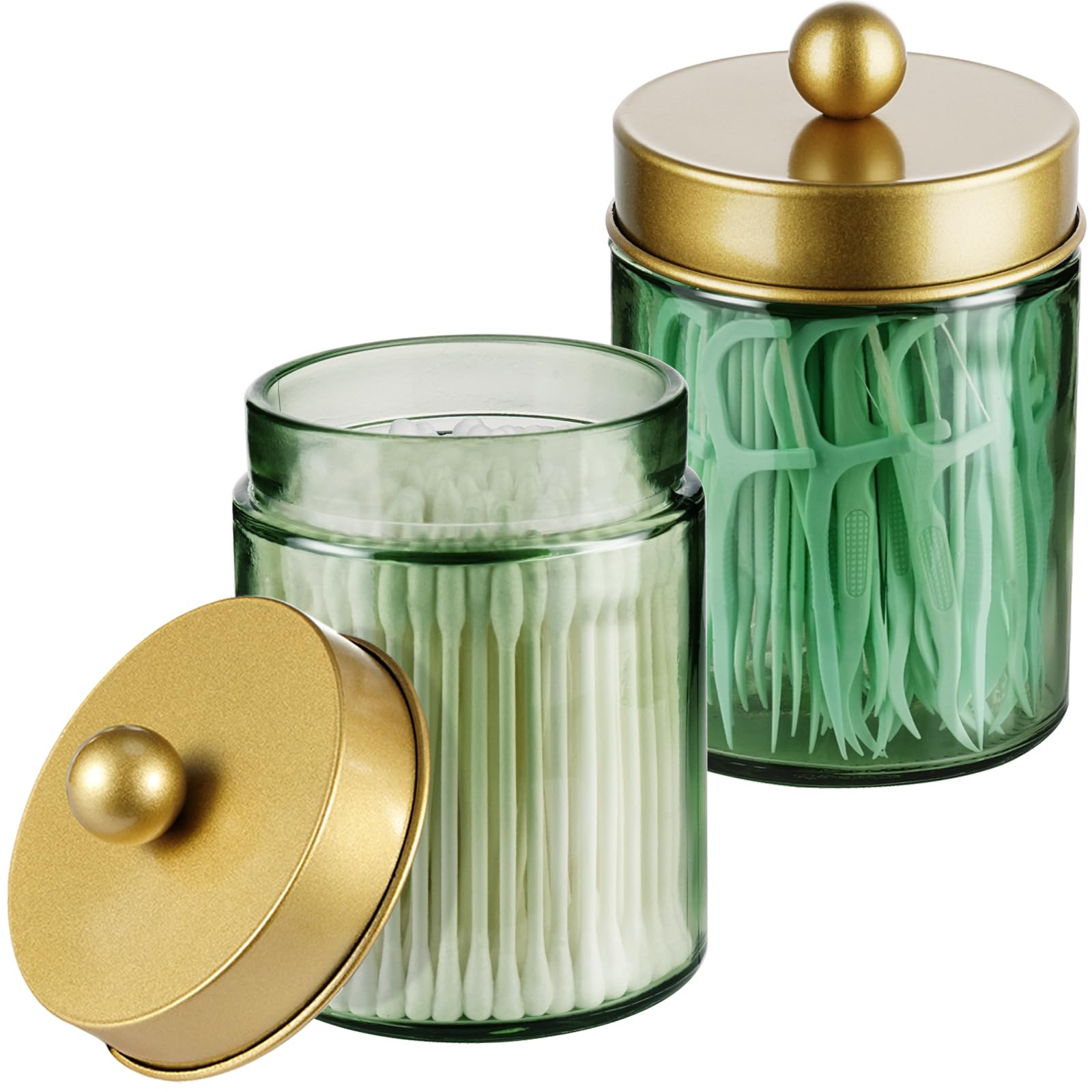 Amolliar Sage Green Qtip Holder Glass Apothecary Jar Metal Lid Stickers Bathroom Qtip Holder Storage Canister Farmhouse Decor